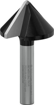 Broca de roteador Bosch PRO com ranhura em V de 90° e haste de 8 mm.